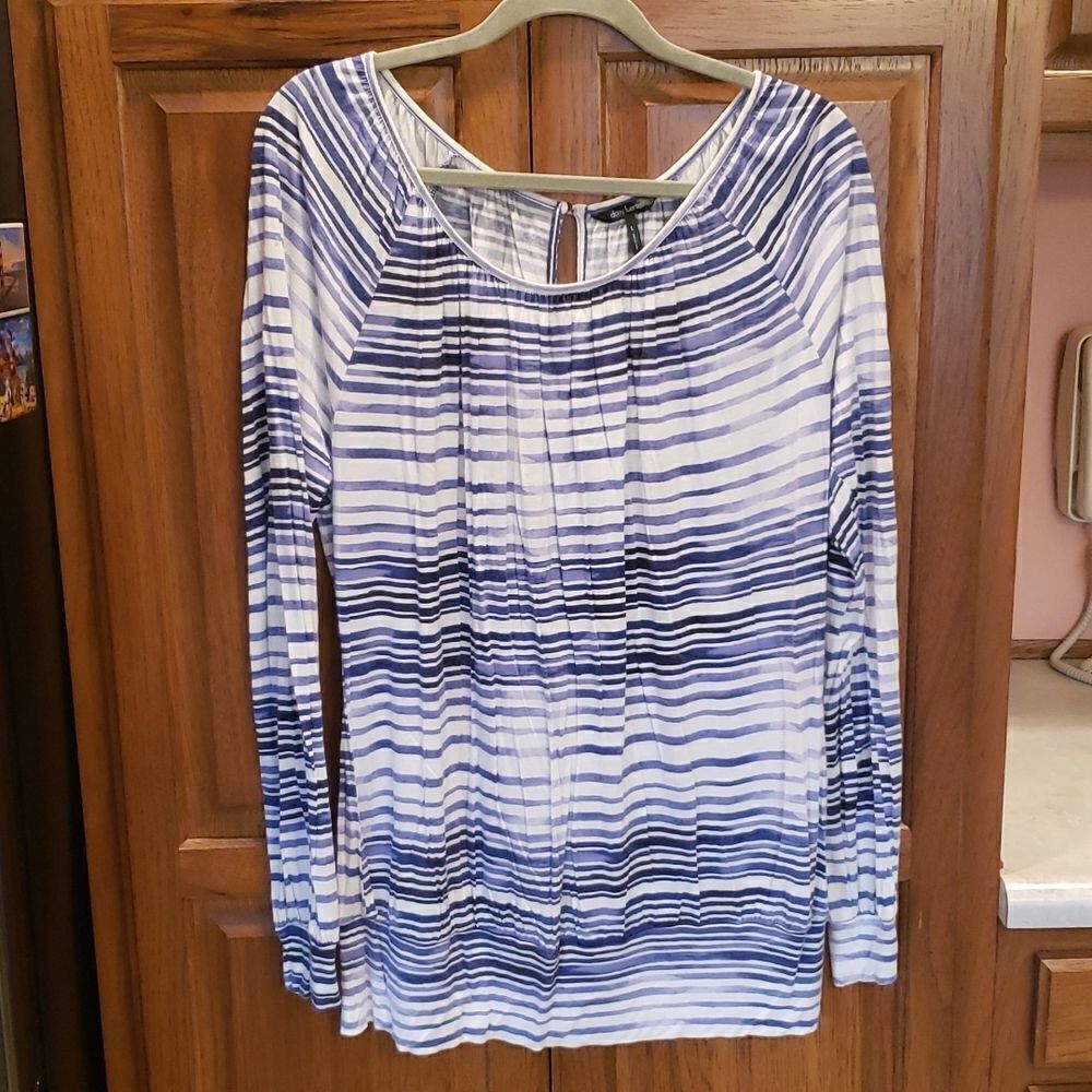 Large Daisy Fuentes Long Sleeve T-Shirt, White with Purple Stripes